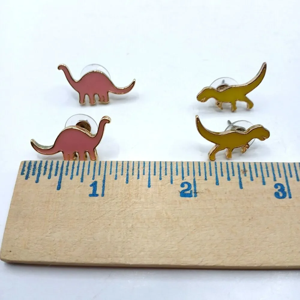 Dinosaur Pierced Earrings Set Enamel Gold Tone T-Rex Stegosaur Brachiosaurus+